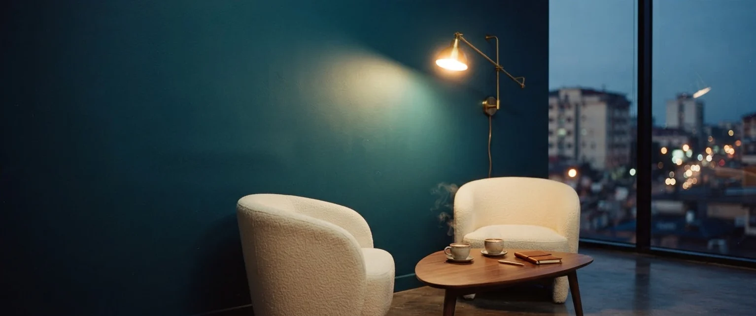 Coin de rendez-vous de l'agence au crépuscule, deux fauteuils et deux cafés