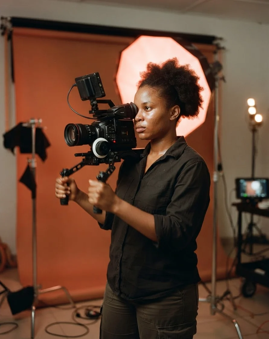 Une vidéaste cadre une scène dans le studio, fond terracotta