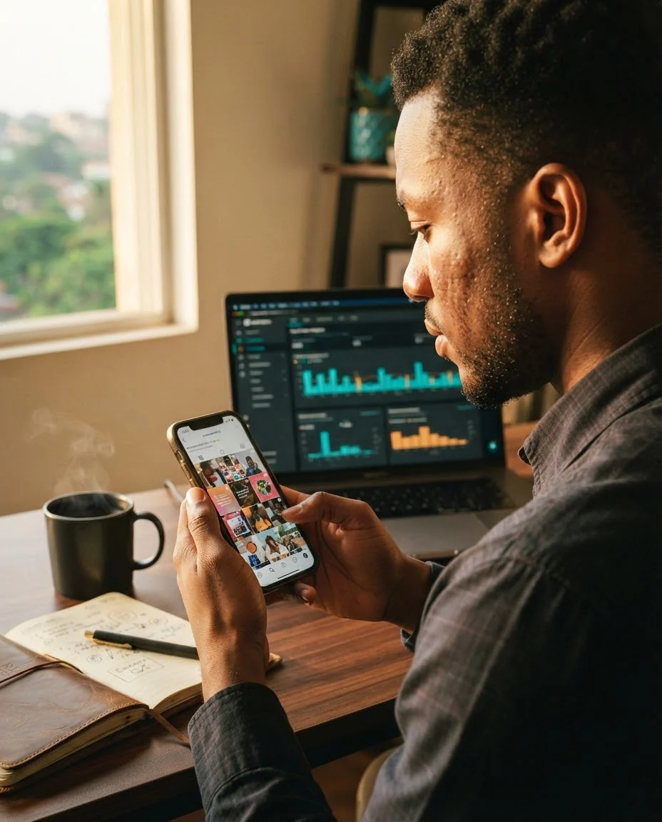 Un community manager analyse les performances d'un compte sur son téléphone