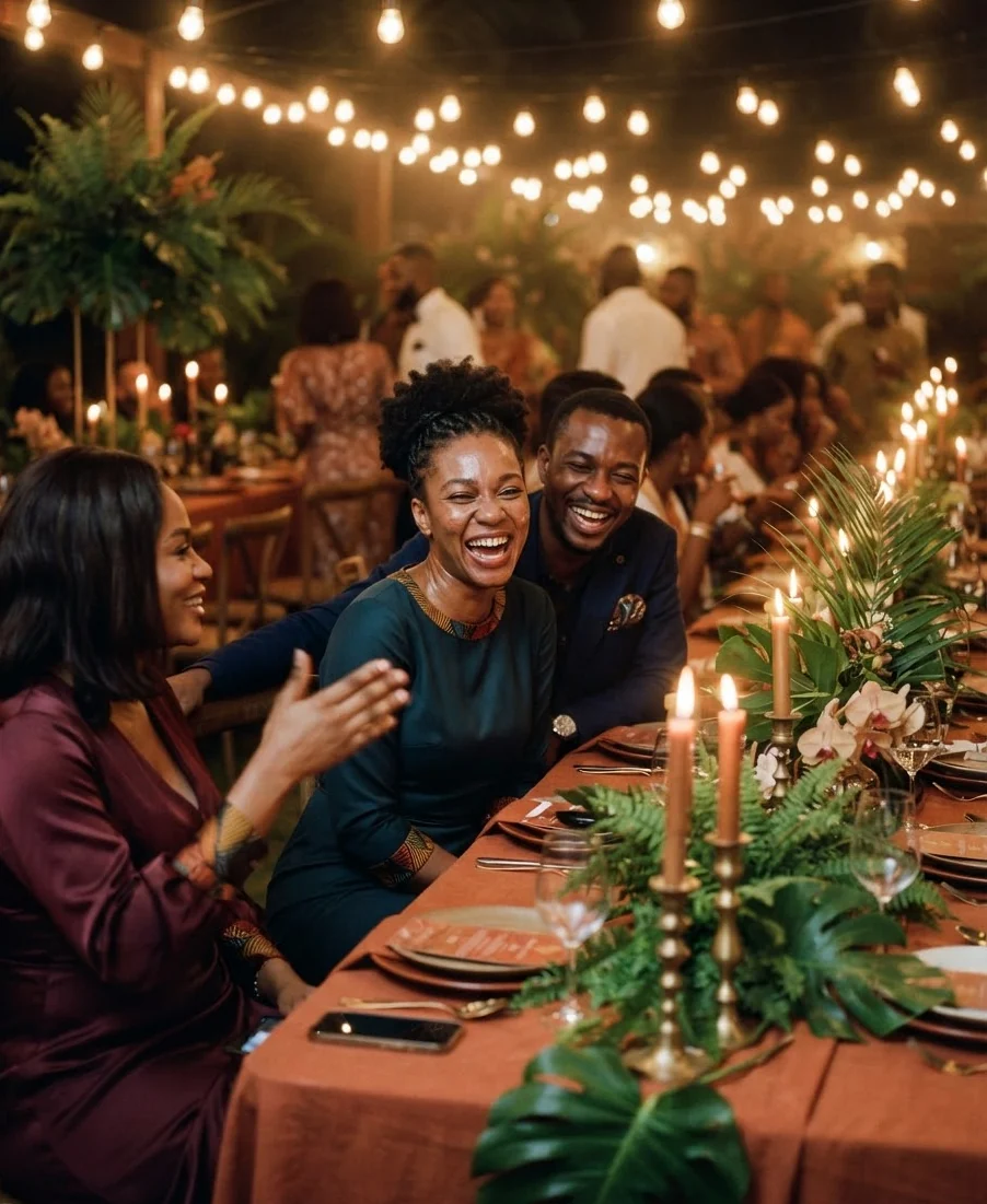 Invités qui rient autour d'une longue table décorée, guirlandes lumineuses