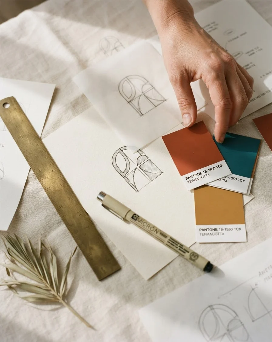Croquis de logo et nuanciers terracotta, bleu canard et ocre sur une table