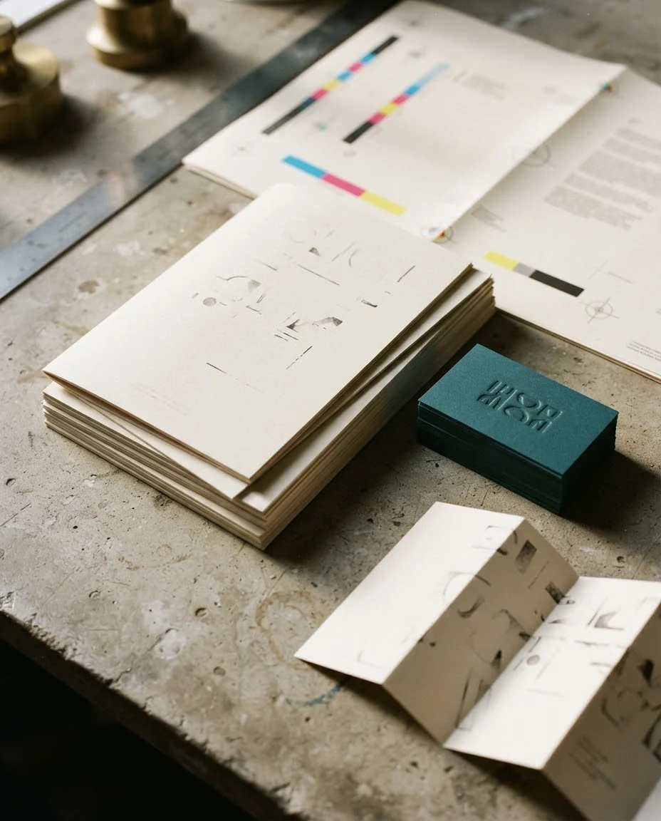 Brochures, cartes de visite gaufrées et épreuves d'impression sur un plan de travail