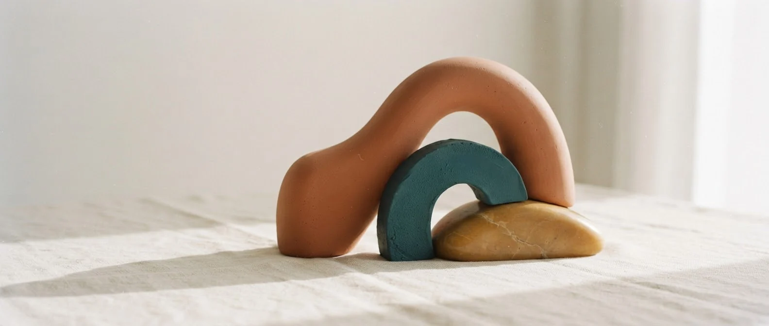 Trois formes sculptées terracotta, bleu canard et ocre posées sur du lin